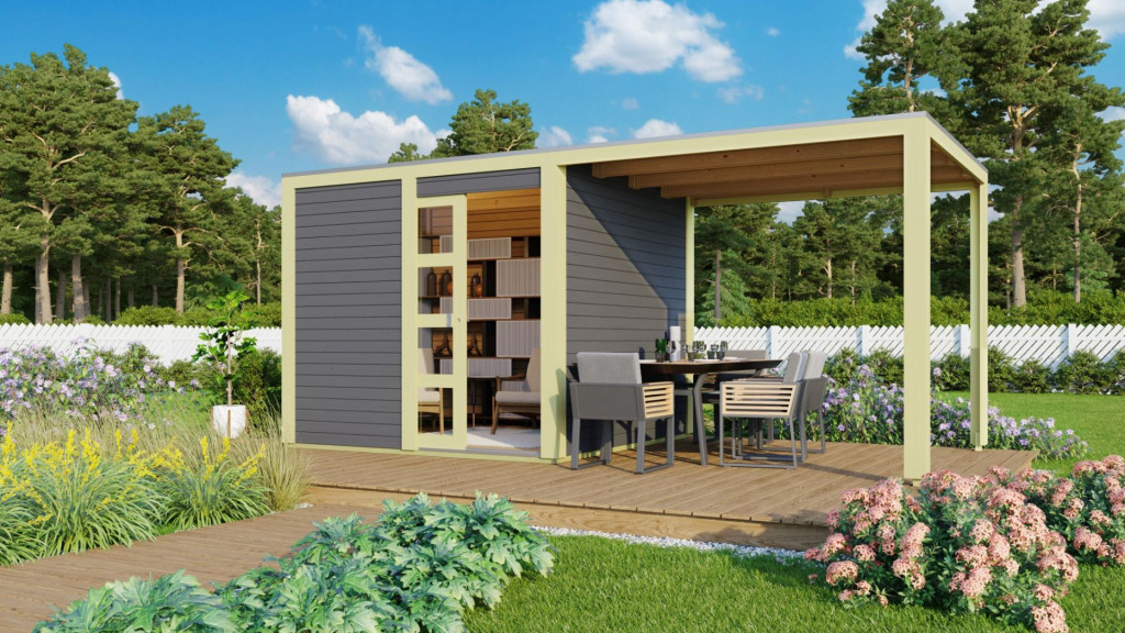 Karibu Qubic 1. Lapostetős modern medenceház, kerti tároló, ház bővítménnyel/terasszal, terra szürke színű fából 485 cm x 246 cm (RP)