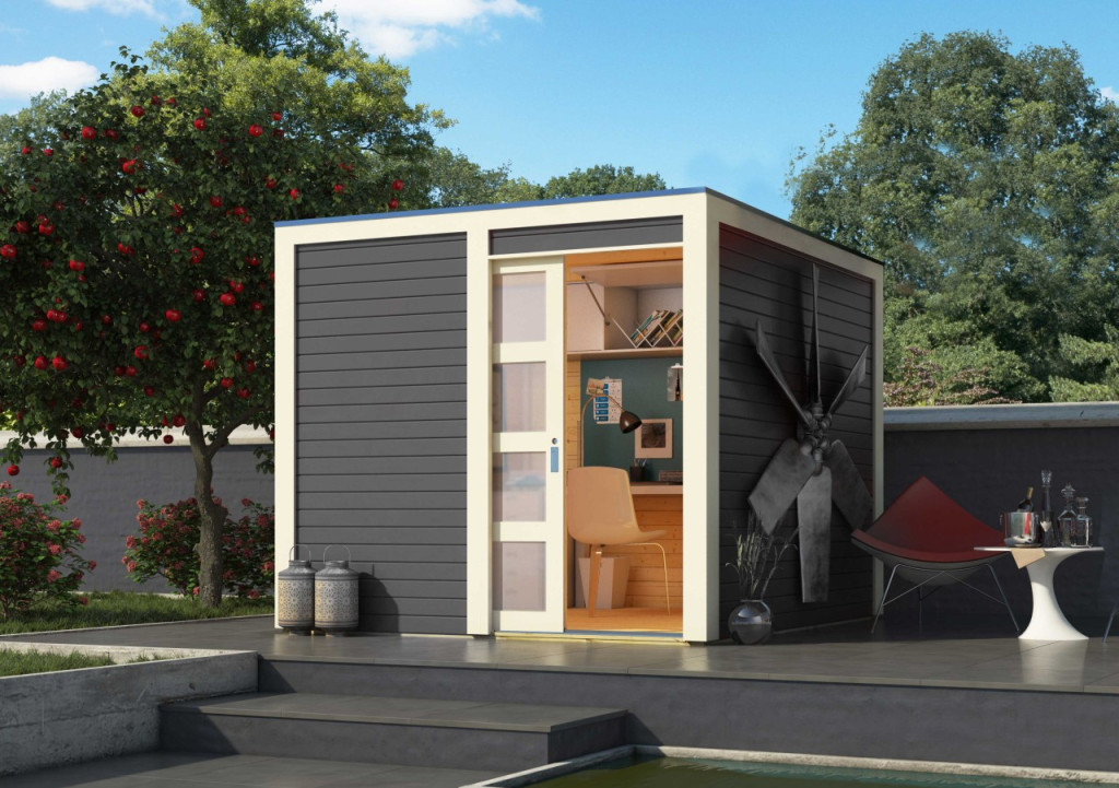 Karibu Qubic 1. Lapostetős modern medenceház, kerti tároló, ház, terra szürke színű fából 246 cm x 246 cm (RP)