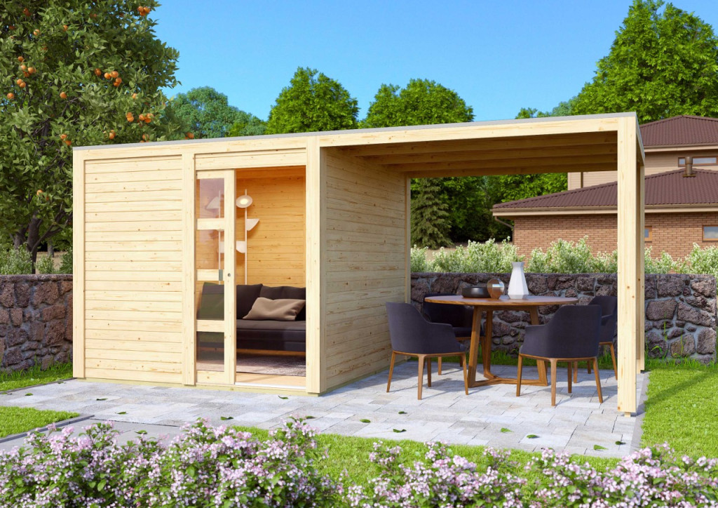 Karibu Qubic 1. Lapostetős modern medenceház, kerti tároló, ház bővítménnyel/terasszal, natúr fából 485 cm x 246 cm (RP)