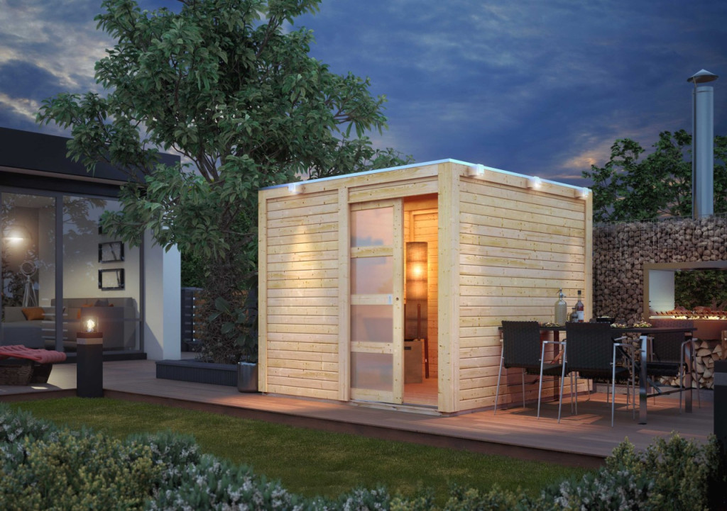 Karibu Qubic 1. Lapostetős medenceház, kerti tároló, kerti ház, natúr fából 246 cm x 246 cm (RP)