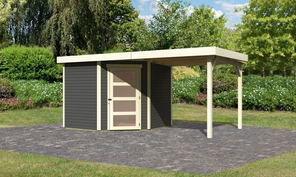 Karibu Schwandorf 5. Terra szürke színű fa 5 oldalas kerti tároló, fészer tetővel, bővítménnyel/terasszal, modern dizájnnal, 462 cm x 246 cm (RP)