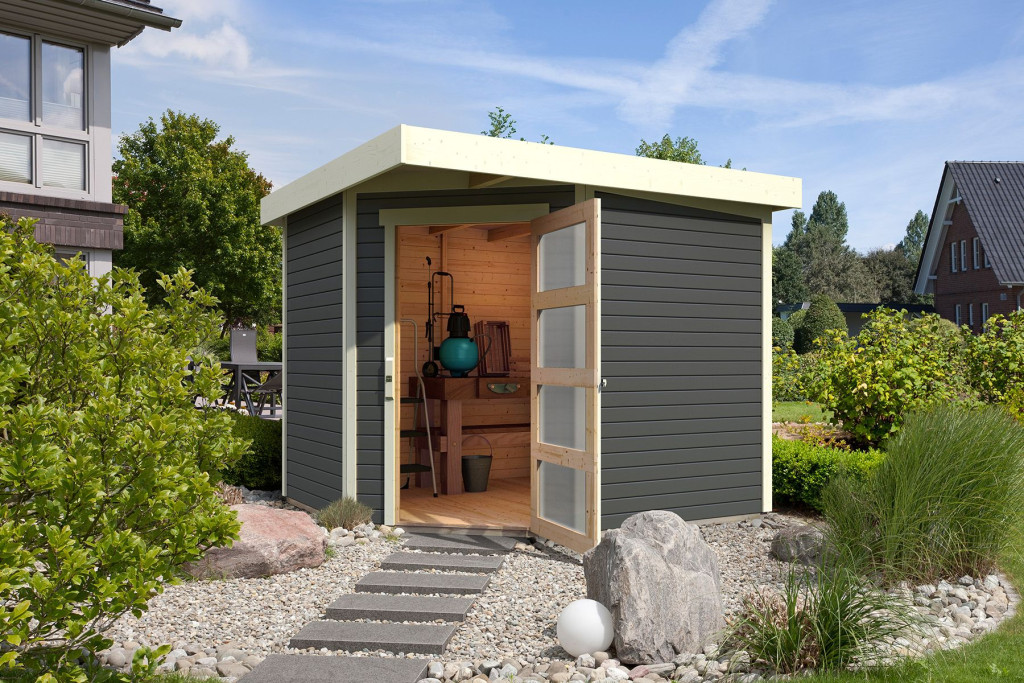 Karibu Schwandorf 5. Terra szürke színű 5 oldalas kerti tároló, fészer tetővel, 242 cm x 246 cm (RP)