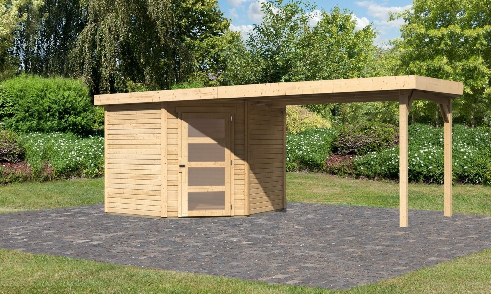 Karibu Schwandorf 5. Natúr fa 5 oldalas kerti tároló, fészer tetővel, bővítménnyel/terasszal, modern dizájnnal, 497 cm x 246 cm (RP)