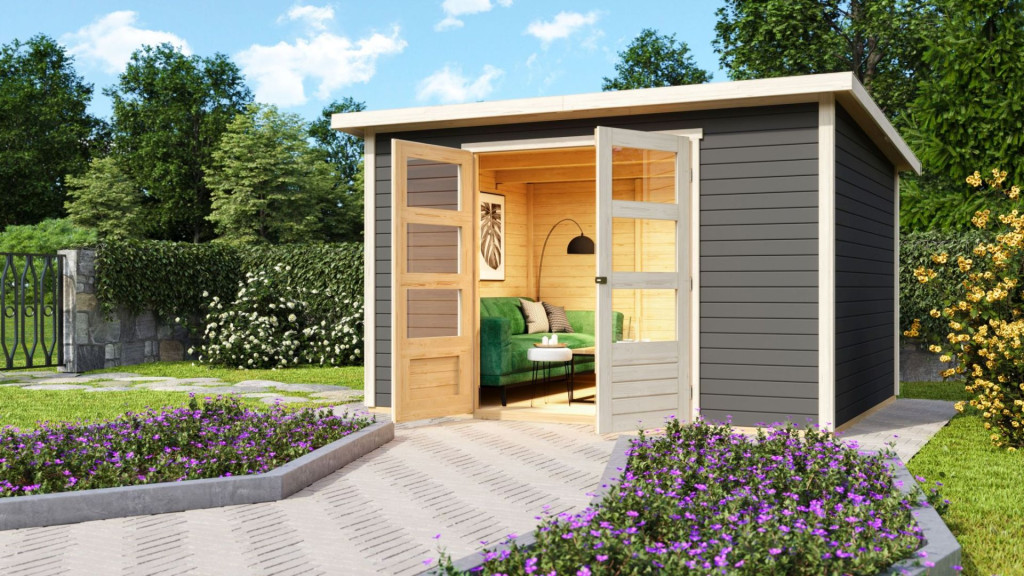 Karibu Stockach 5. kerti ház, kerti tároló, terra szürke színű fából 305 cm x 246 cm (RP)