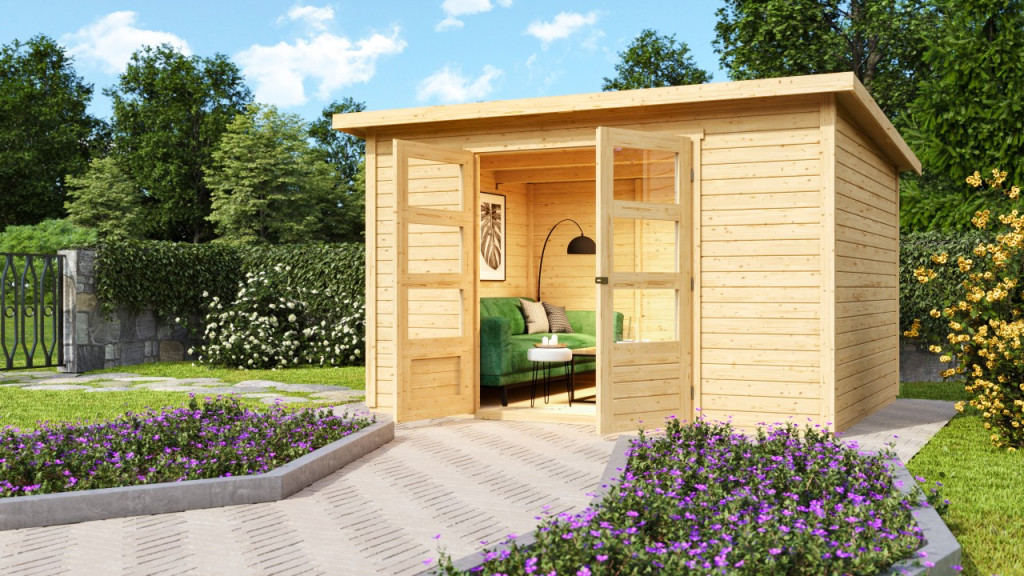 Karibu Stockach 5. kerti ház, kerti tároló, natúr fából 305 cm x 246 cm (RP)