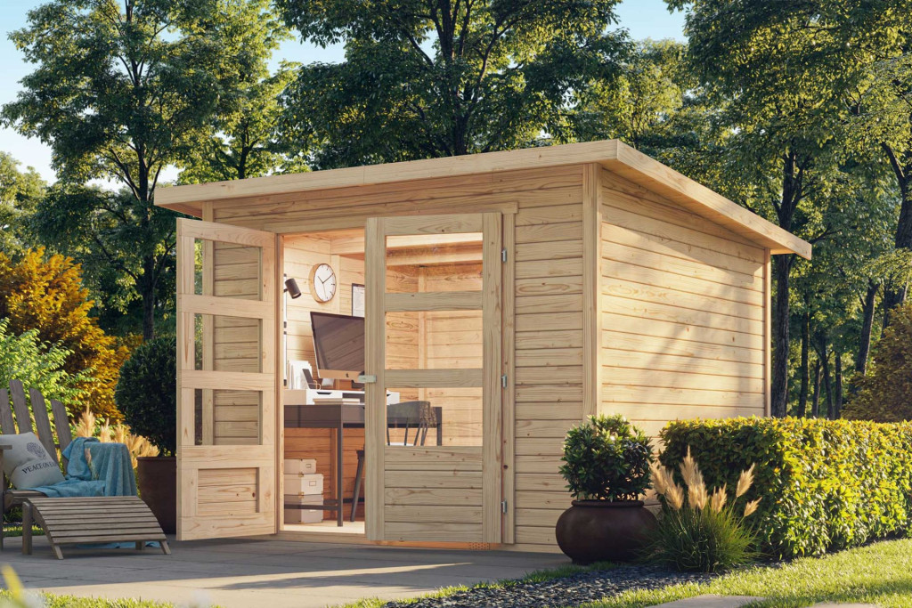 Karibu Stockach 4. kerti ház, kerti tároló, natúr fából 246 cm x 246 cm (RP)