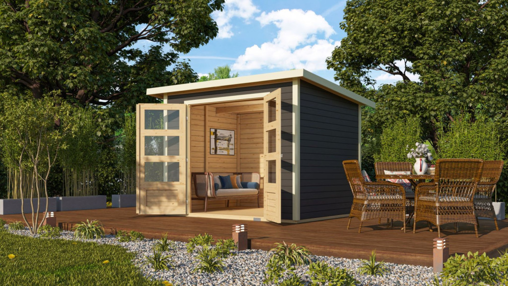 Karibu Stockach 3. kerti ház, kerti tároló, terra szürke színű fából 246 cm x 186 cm (RP)