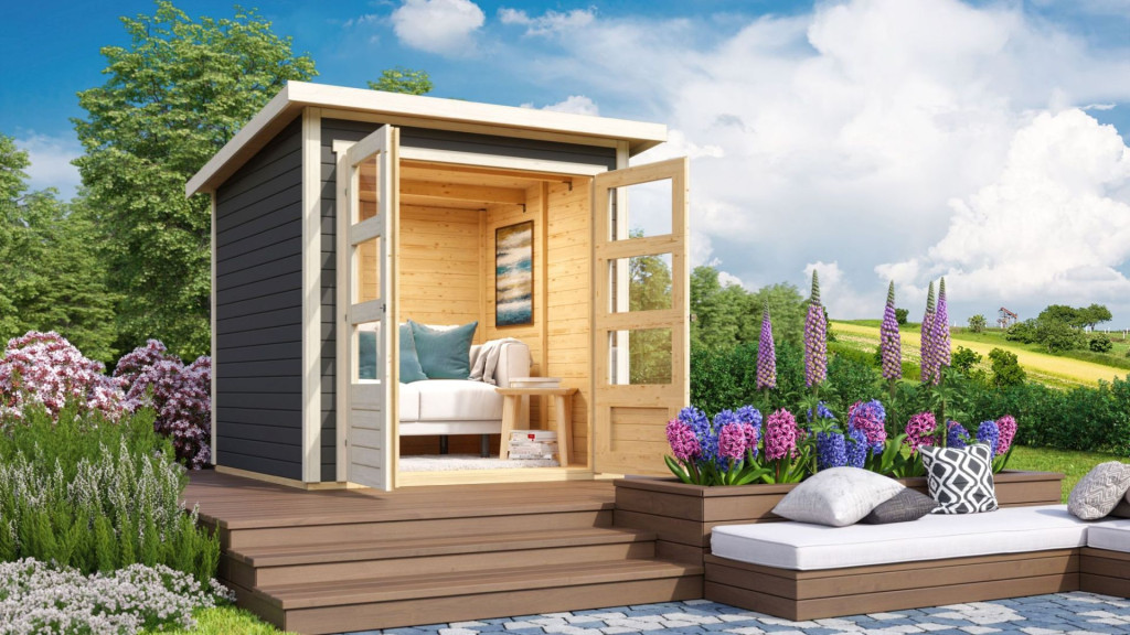 Karibu Stockach 2. kerti ház, kerti tároló, terra szürke színű fából 186 cm x 186 cm (RP)