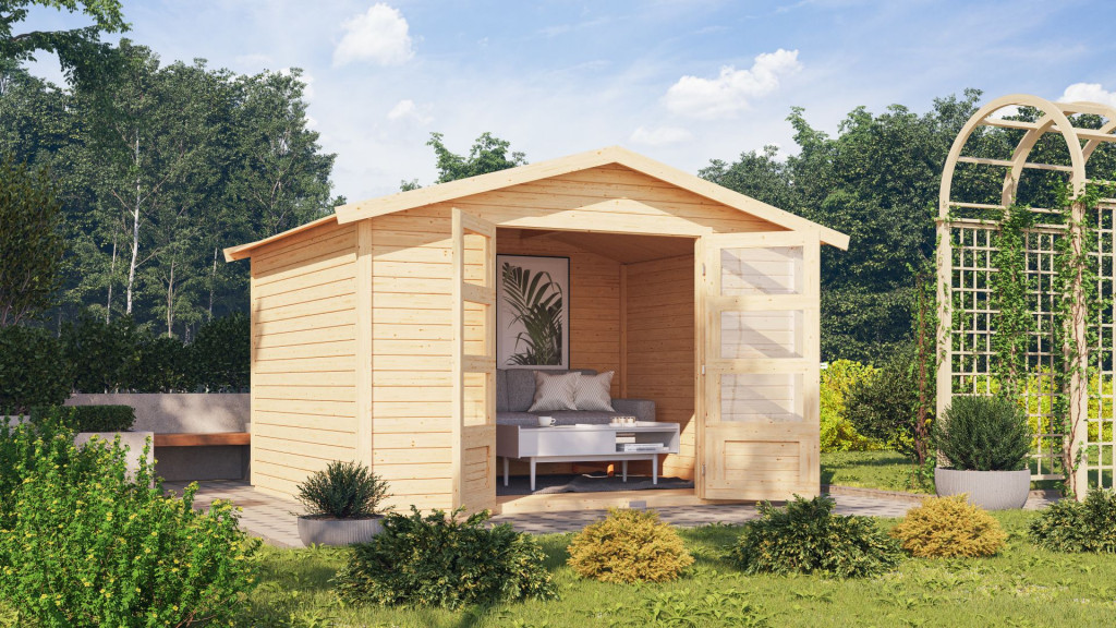Karibu Amberg 5. Nyeregtetős kerti ház, tároló, natúr fából 305 cm x 246 cm (RP)