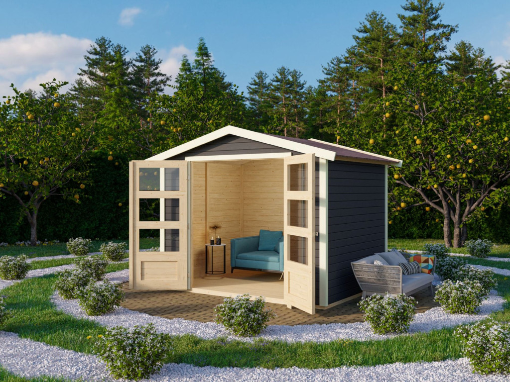 Karibu Amberg 4. Nyeregtetős kerti tároló, kerti ház, terra szürke színű fából 246 cm x 246 cm (RP)