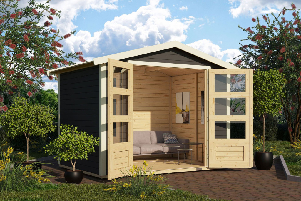 Karibu Amberg 3. Nyeregtetős kerti tároló, kerti ház, terra szürke színű fából 246 cm x 186 cm (RP)