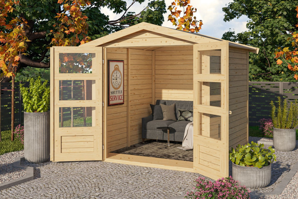 Karibu Amberg 2. Nyeregtetős kerti tároló, kerti ház, terra szürke színű fából 186 cm x 186 cm (RP)