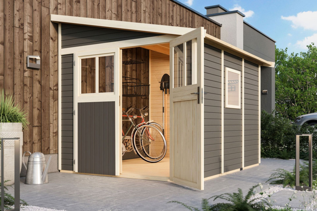 Karibu Bomlitz 3. fa kerti tároló, fészer, modern tetővel,  terra szürke színű fából 238 cm x 268 cm (RP)