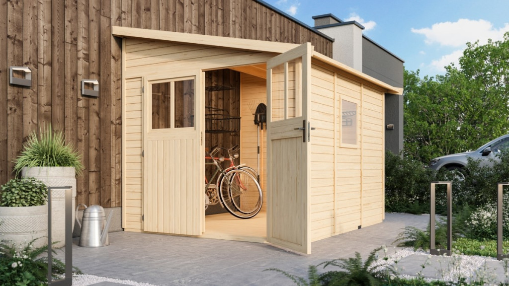 Karibu Bomlitz 3. fa kerti tároló, fészer, modern tetővel,  natúr fából 238 cm x 268 cm (RP)