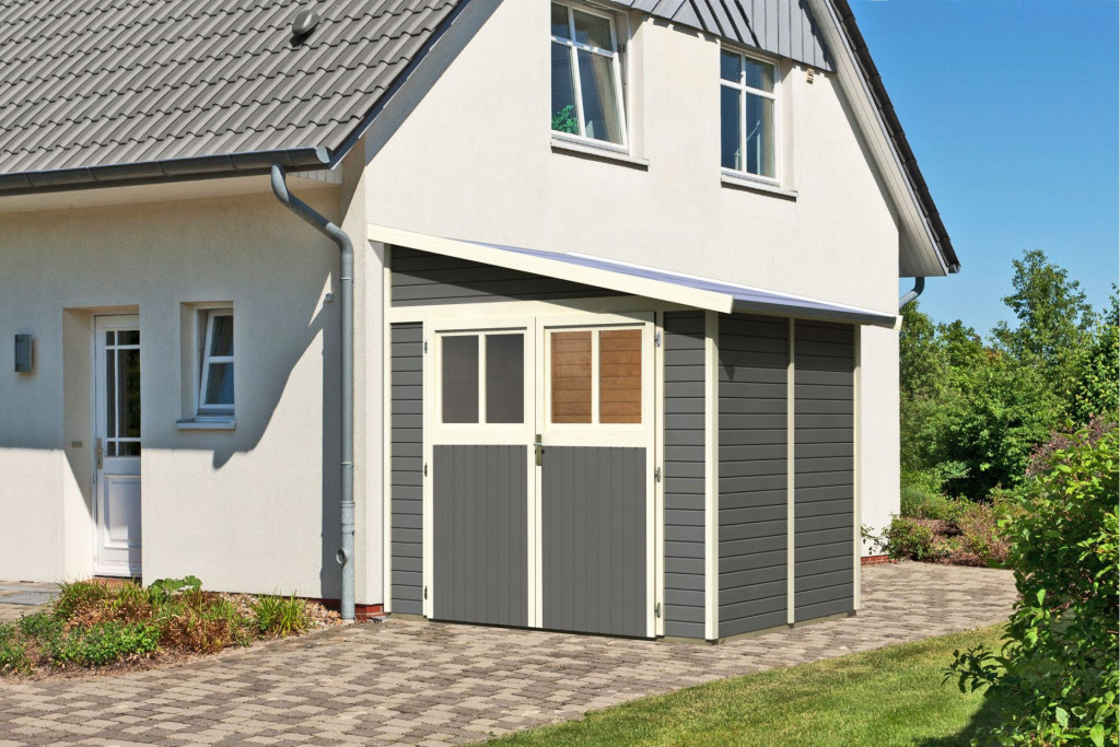 Karibu Bomlitz 2. fa kerti tároló, fészer, modern tetővel,  terra szürke színű fából 238 cm x 181 cm (RP)