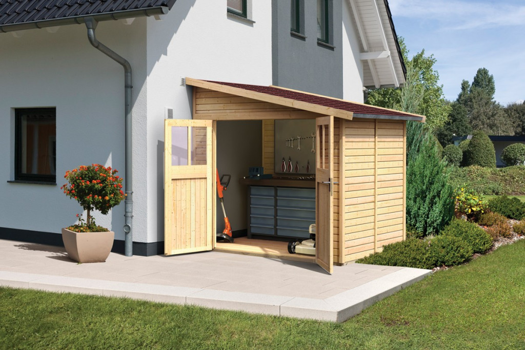 Karibu Bomlitz 2. fa kerti tároló, fészer, modern tetővel,  natúr fából 238 cm x 181 cm (RP)