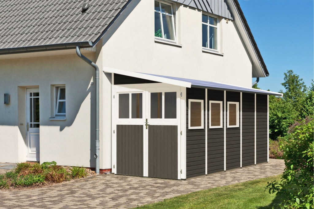 Karibu Wandlitz 5. fa kerti tároló, fészer, modern tetővel, terra szürke színű fából 181 cm x 442 cm (RP)