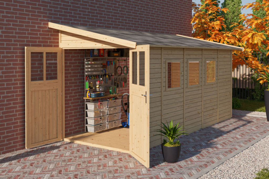 Karibu Wandlitz 5. fa kerti tároló, fészer, modern tetővel,  natúr fából 181 cm x 442 cm (RP)