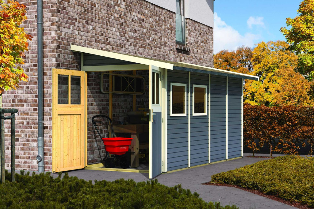 Karibu Wandlitz 4. fa kerti tároló, fészer, modern tetővel, terra szürke színű fából 181 cm x 355 cm (RP)