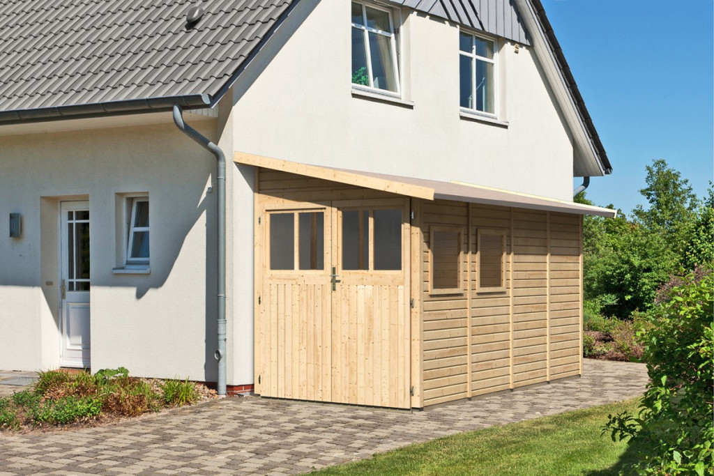 Karibu Wandlitz 4. fa kerti tároló, fészer, modern tetővel,  natúr fából 181 cm x 355 cm (RP)