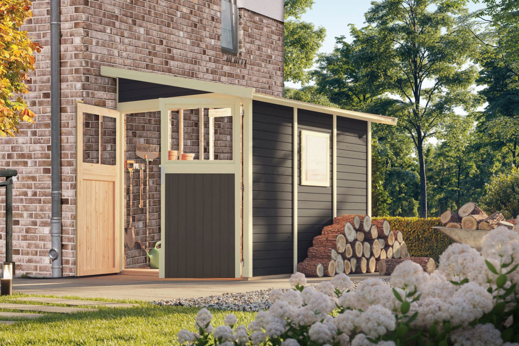 Karibu Wandlitz 3. fa kerti tároló, fészer, modern tetővel,  terra szürke színű fából 181 cm x 268 cm (RP)