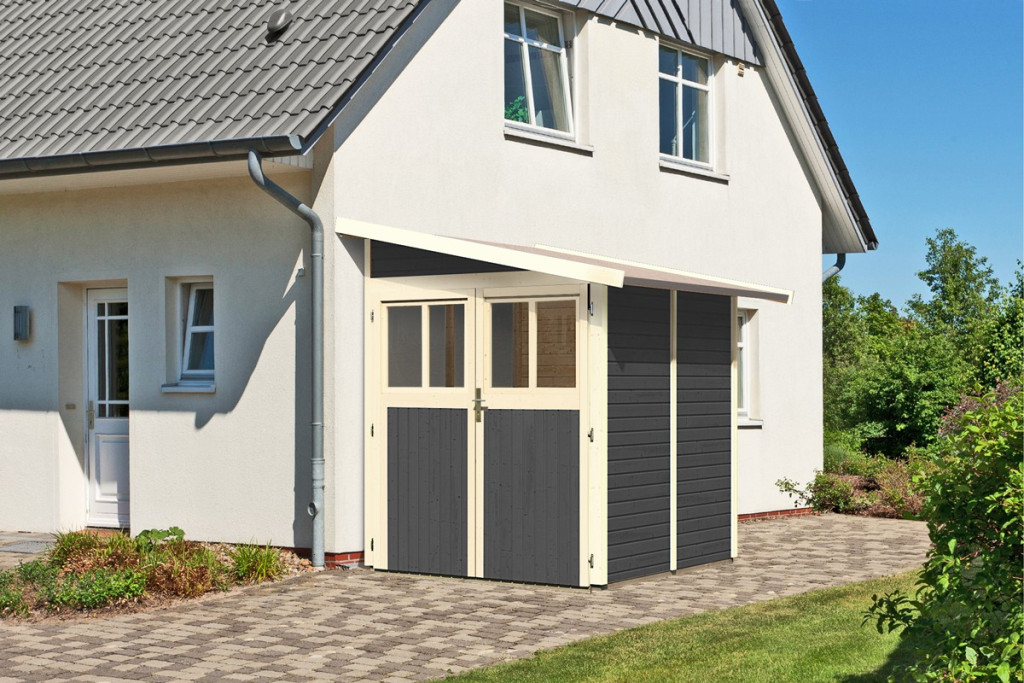 Karibu Wandlitz 2. kis fa kerti tároló, fészer, modern tetővel, terra szürke fából 181 cm x 181 cm (RP)