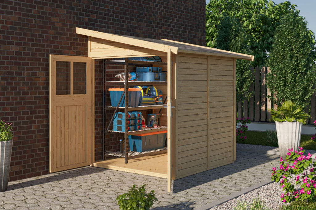 Karibu Wandlitz 2. kis fa kerti tároló, fészer, modern tetővel,  natúr fából 181 cm x 181 cm (RP)