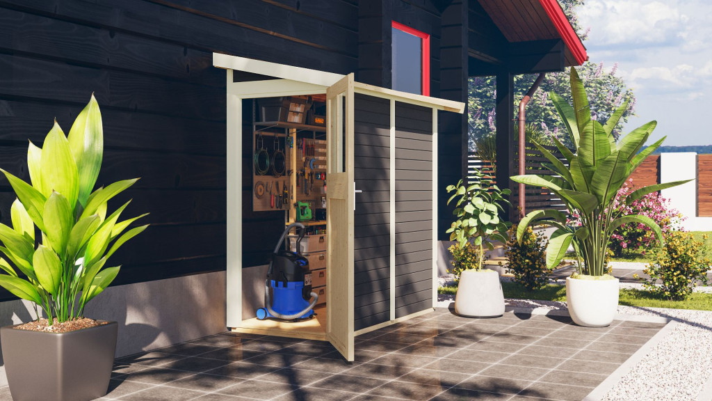 Karibu Görlitz kis fa kerti tároló, fészer, terra szürke fából 99 cm x 182 cm (RP)