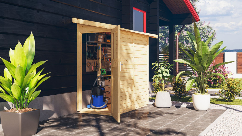 Karibu Görlitz kis fa kerti tároló, fészer, natúr fából 99 cm x 182 cm (RP)