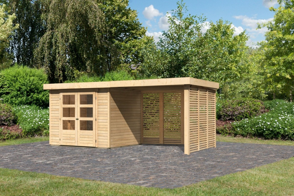 Karibu Askola 3. Lapostetős kerti ház, kerti tároló, nyitott lamellás oldal- és hátfallal rendelkező bővítménnyel/terasszal, natúr fából 497 cm x 217 cm (RP)