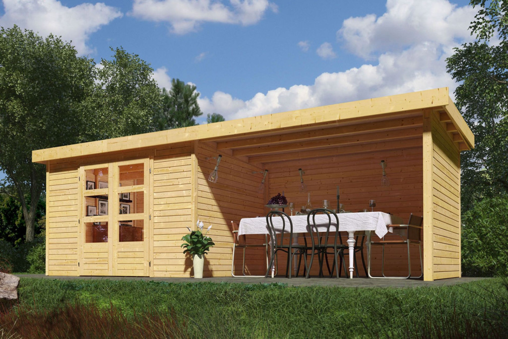 Karibu Askola 3. Lapostetős kerti ház, kerti tároló, oldal- és hátfallal rendelkező bővítménnyel/terasszal, natúr fából 497 cm x 217 cm (RP)