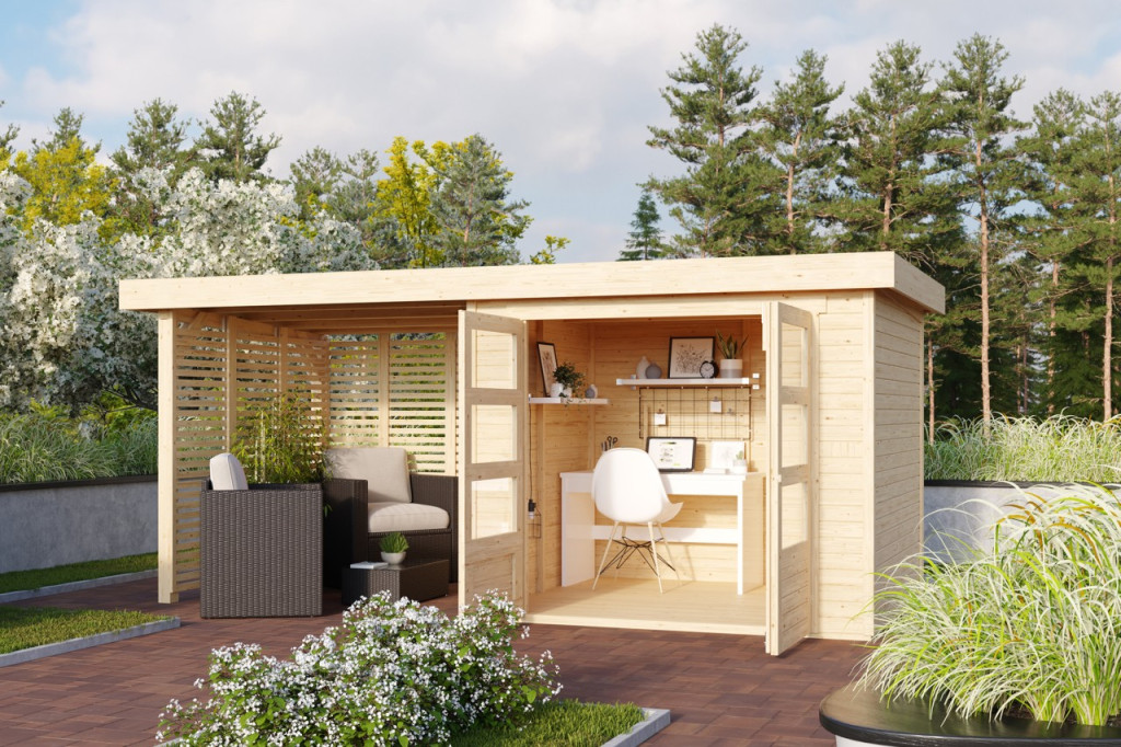 Karibu Askola 3. Lapostetős kerti ház, kerti tároló, nyitott lamellás oldal- és hátfallal rendelkező bővítménnyel/terasszal, natúr fából 462 cm x 217 cm (RP)