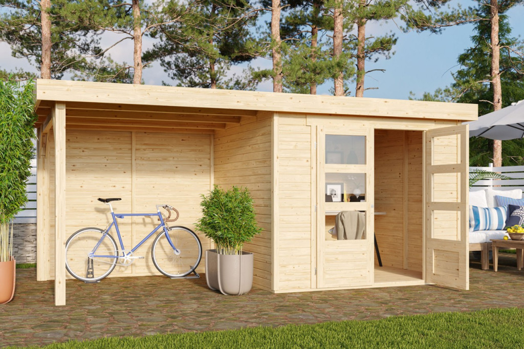 Karibu Askola 3. Lapostetős kerti ház, kerti tároló, hátfallal rendelkező bővítménnyel/terasszal, natúr fából 462 cm x 217 cm (RP)