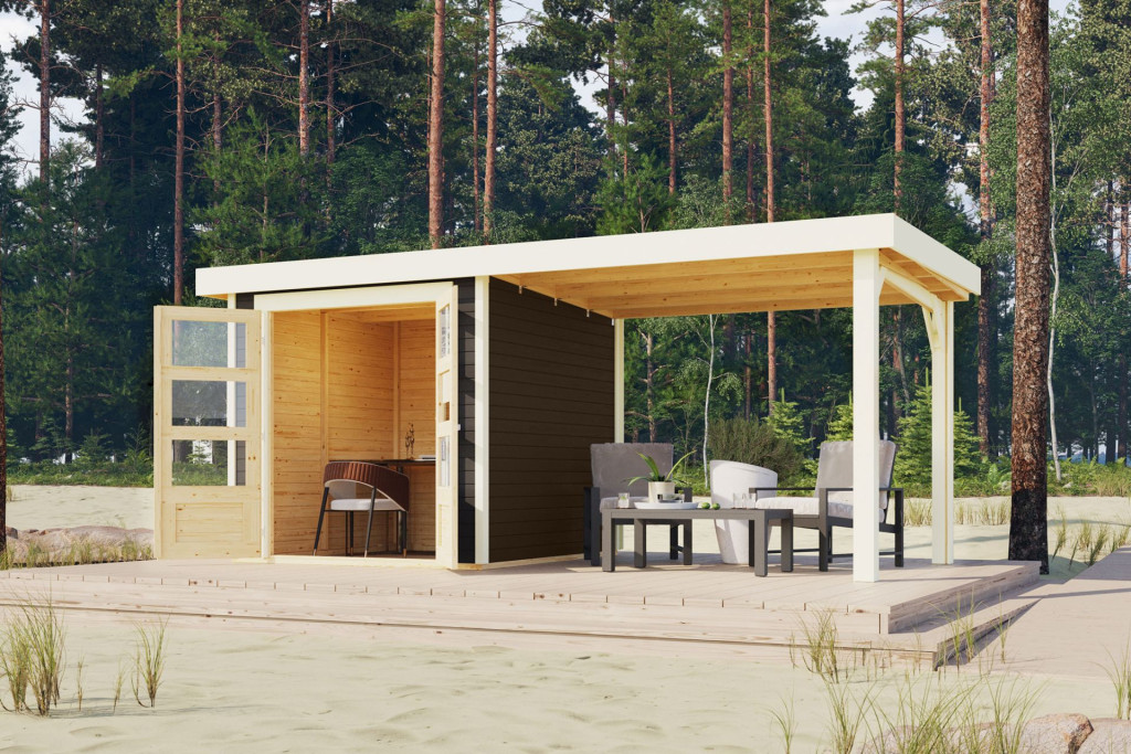 Karibu Askola 2. Lapostetős kerti ház, kerti tároló, bővítménnyel/terasszal,terra szürke színű fából 468 cm x 217 cm (RP)