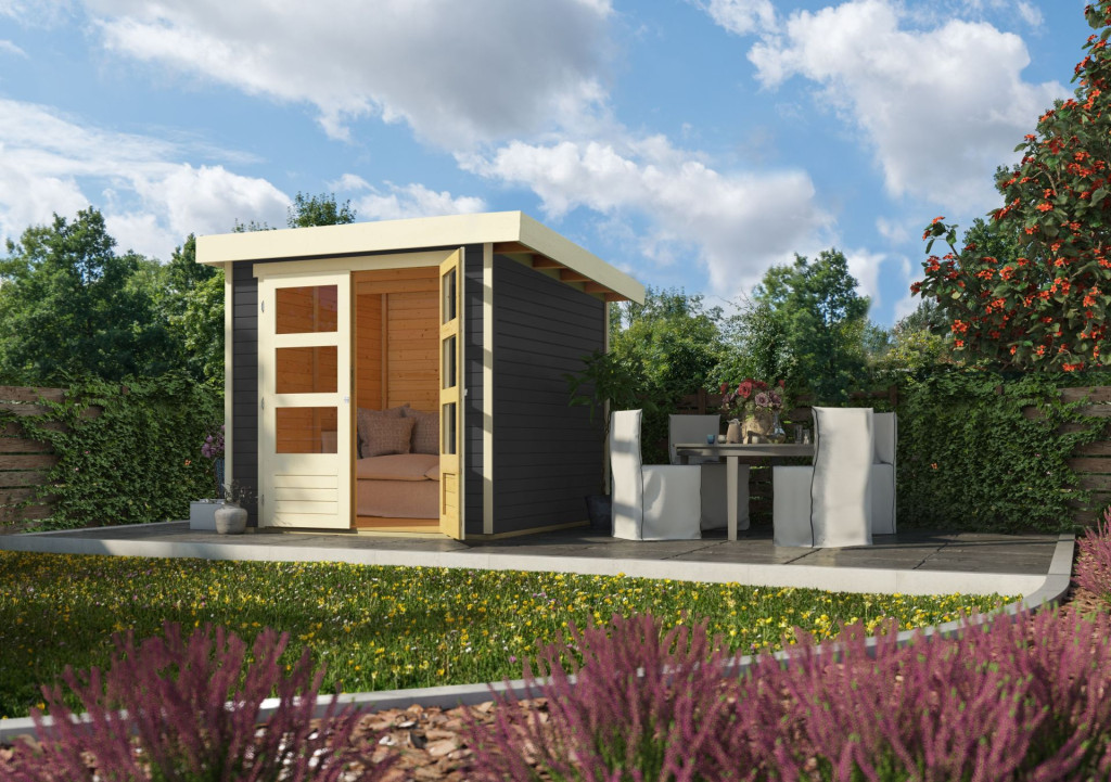 Karibu Askola 2. Lapostetős kerti ház, kerti tároló, terra szürke színű fából 213 cm x 217 cm (RP)