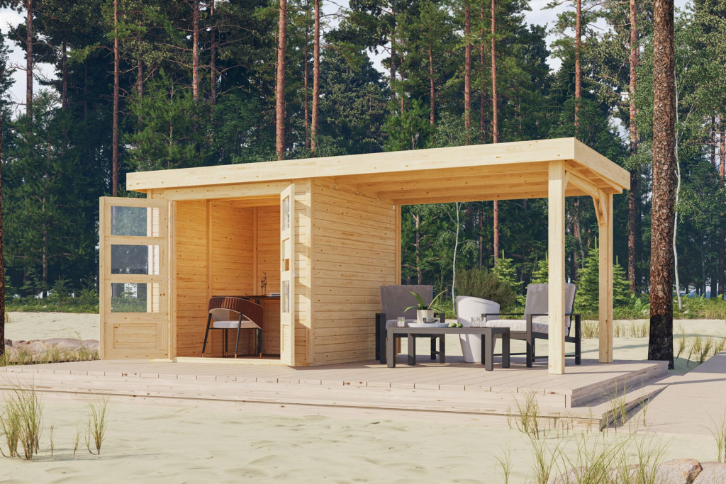 Karibu Askola 2. Lapostetős kerti ház, kerti tároló, bővítménnyel/terasszal, natúr fából 468 cm x 217 cm (RP)