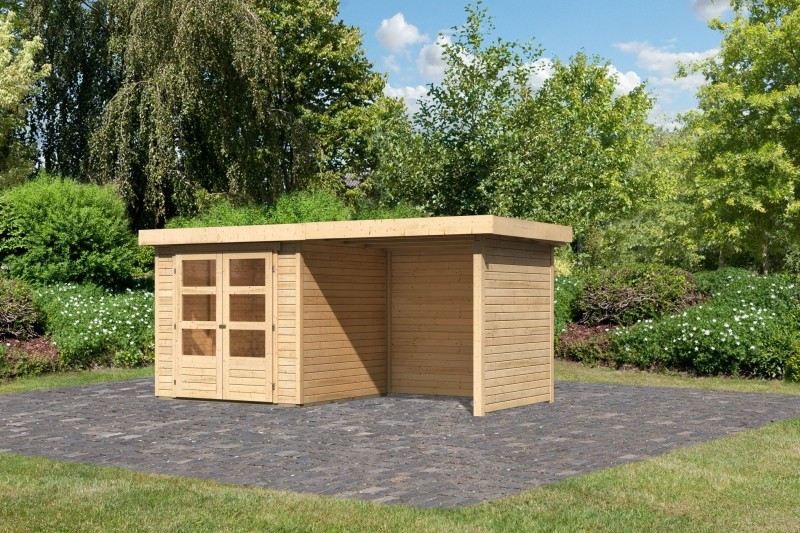 Karibu Askola 2. Lapostetős kerti ház, kerti tároló, oldal- és hátfallal rendelkező bővítménnyel/terasszal, natúr fából 433 cm x 217 cm (RP)