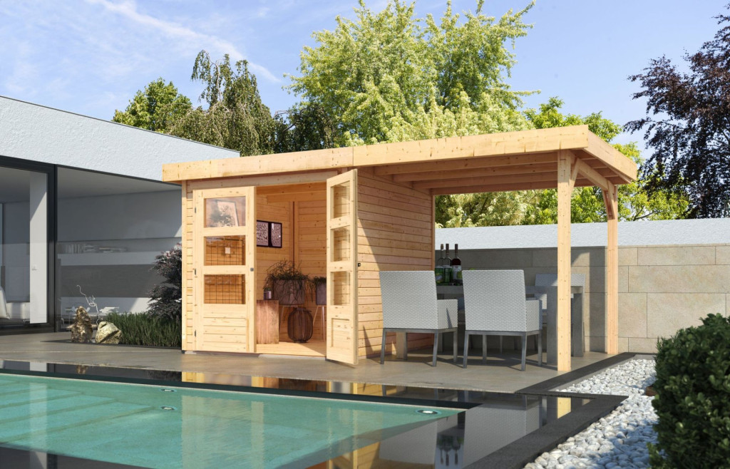 Karibu Askola 2. Lapostetős kerti ház, kerti tároló, bővítménnyel/terasszal, natúr fából 433 cm x 217 cm (RP)