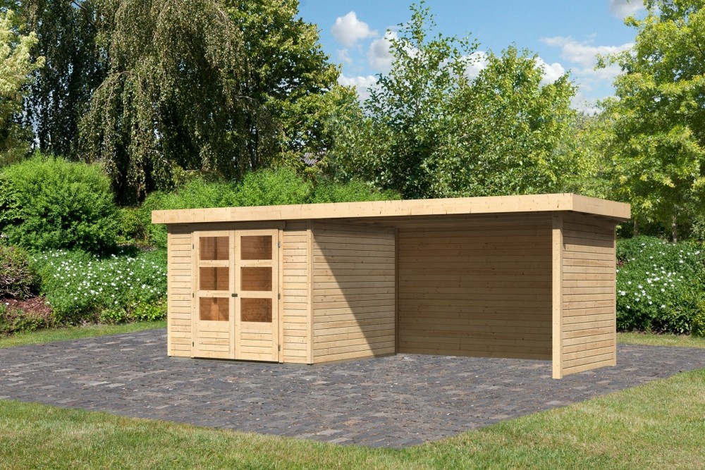 Karibu Askola 3.5 Lapostetős kerti ház, kerti tároló, oldal- és hátfallal rendelkező bővítménnyel/terasszal, natúr fából 497 cm x 246 cm (RP)