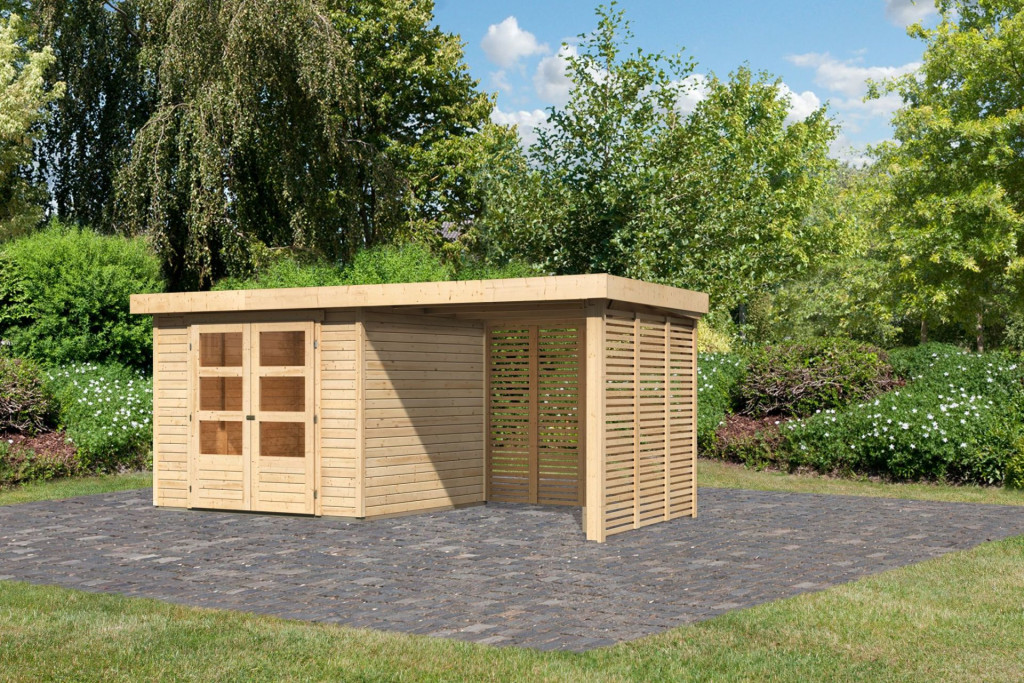 Karibu Askola 3.5 Lapostetős kerti ház, kerti tároló, nyitott lamellás oldal- és hátfallal rendelkező bővítménnyel/terasszal, natúr fából 462 cm x 246 cm (RP)