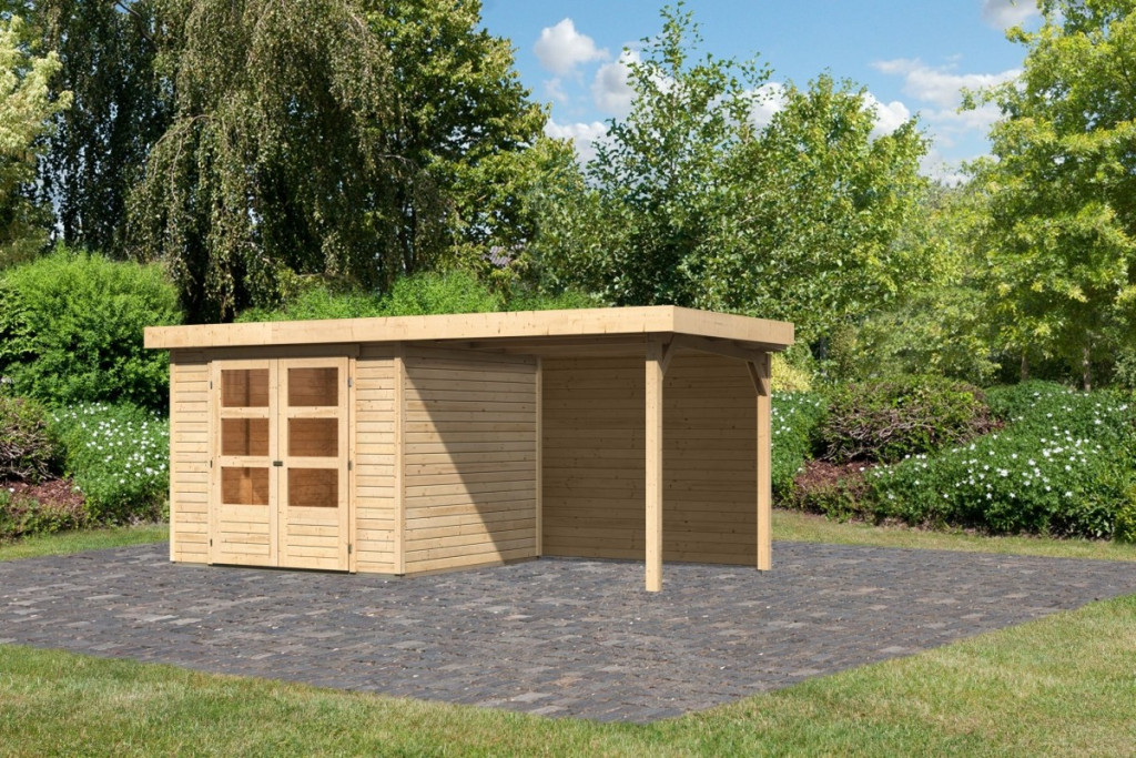 Karibu Askola 3.5 Lapostetős kerti ház, kerti tároló, hátfallal rendelkező bővítménnyel/terasszal, natúr fából 462 cm x 246 cm (RP)