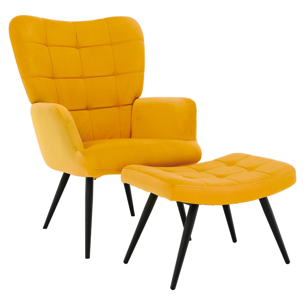 Fotel lábtartóval, sárga Velvet szövet/fekete, HABEN (RP)