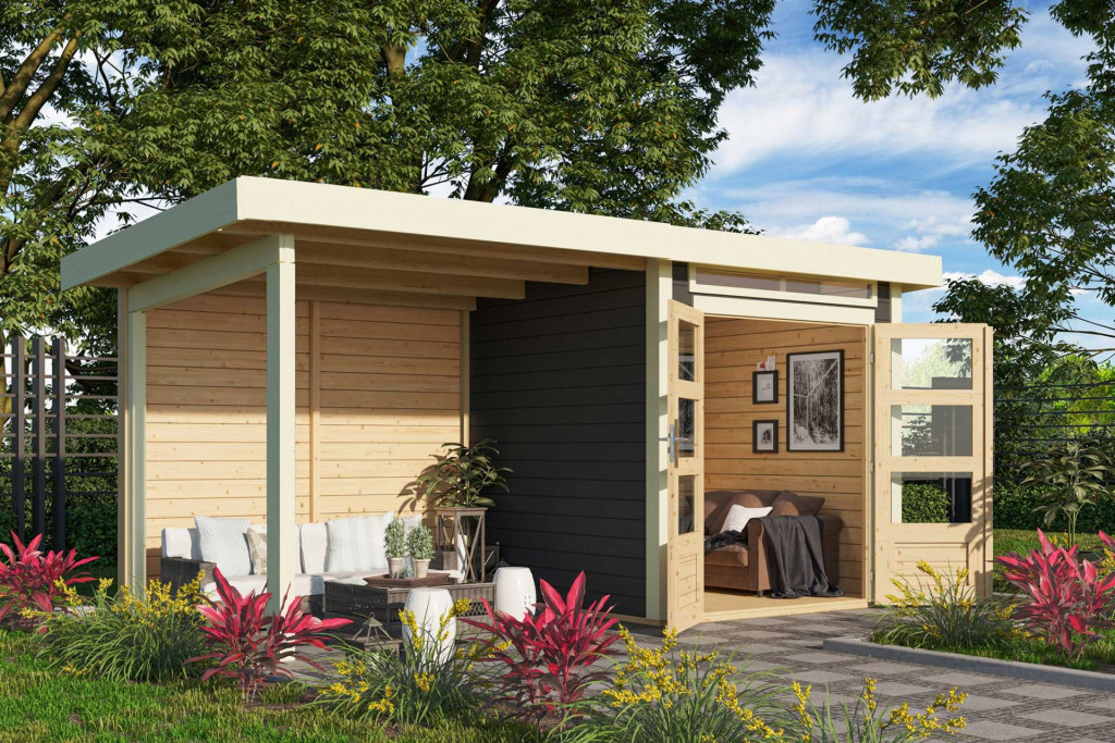 Karibu Kandern 1. Kis kerti ház, hátfallal rendelkező bővítménnyel/terasszal, terra szürke színű fából 408 cm x 204 cm (RP)