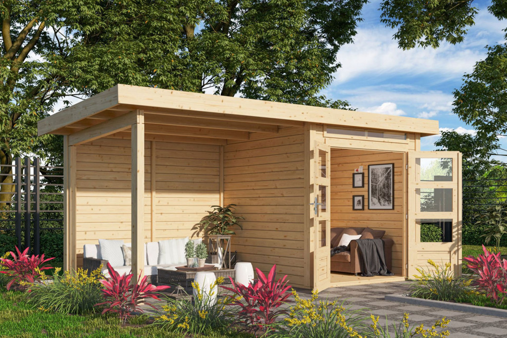Karibu Kandern 1. Kis kerti ház, hátfallal rendelkező bővítménnyel/terasszal, natúr fából 434,5 cm x 204 cm (RP)