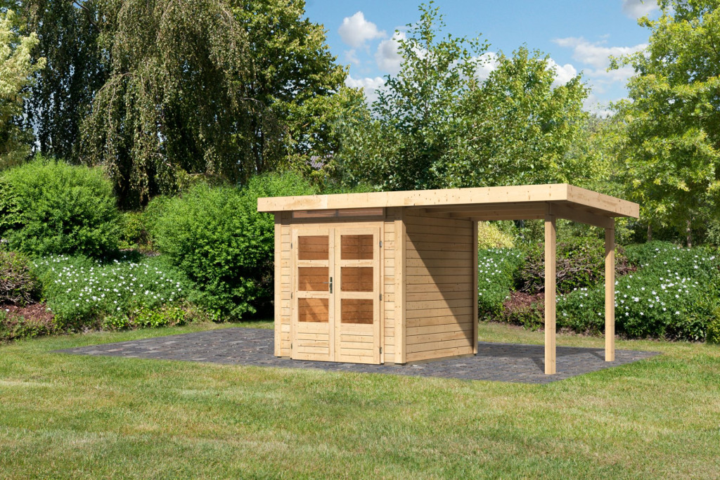 Karibu Kandern 1. Kis kerti ház, bővítménnyel/terasszal, natúr fából 408 cm x 204 cm (RP)