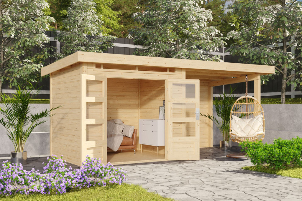 Karibu Kandern 2. Kis kerti ház, hátfallal rendelkező bővítménnyel/terasszal, natúr fából 475,5 cm x 204 cm (RP)