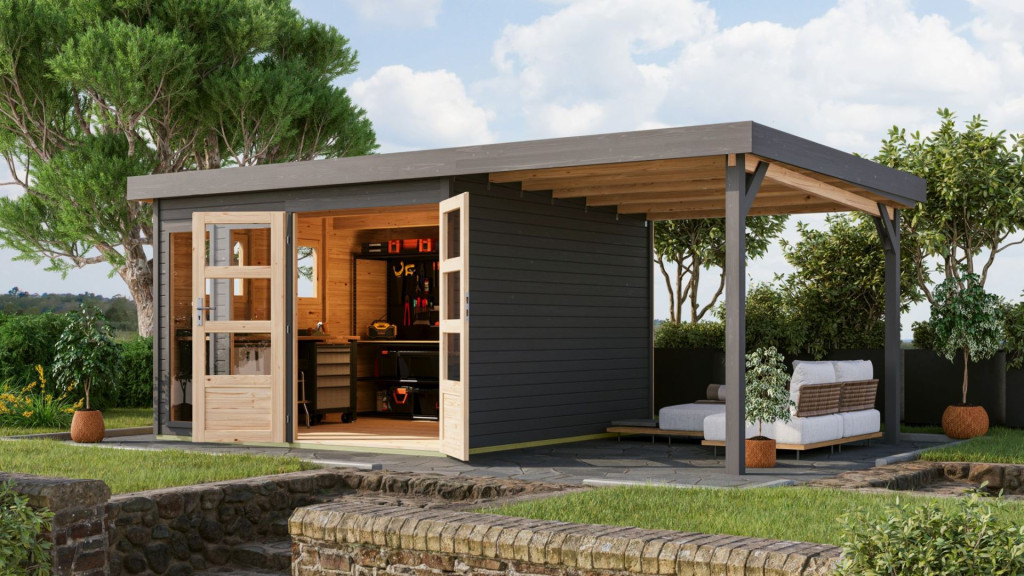 Karibu Lahar 6. Lapostetős nagyméretű kerti ház, bővítménnyel/terasszal, terra szürke színű fából 524 cm x 306 cm (RP)