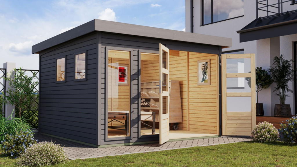 Karibu Lahar 6. Lapostetős nagyméretű kerti ház, terra szürke színű fából 302 cm x 246 cm (RP)