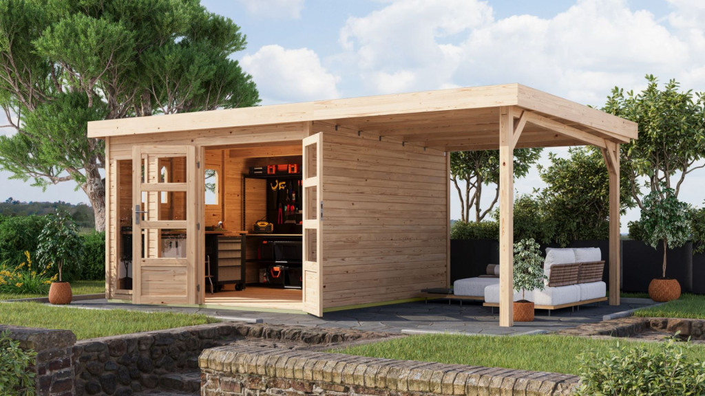 Karibu Lahar 6. Lapostetős nagyméretű kerti ház, bővítménnyel/terasszal, natúr fából 524 cm x 306 cm (RP)