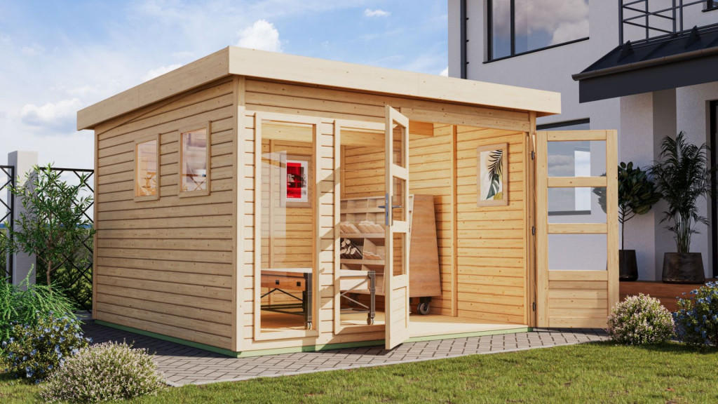 Karibu Lahar 6. Lapostetős nagyméretű kerti ház, natúr fából 302 cm x 246 cm (RP)